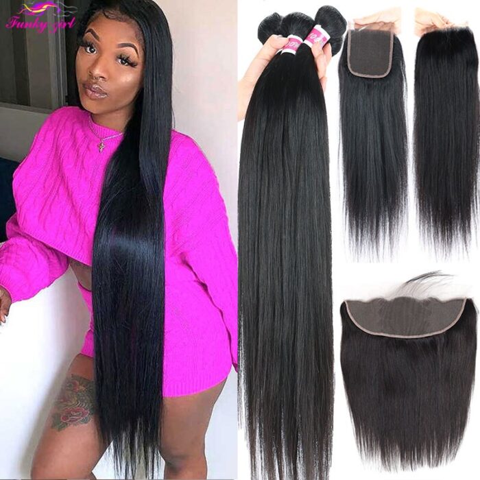 Peruvian Hair Weave Bundles With Frontal Funky Girl Hair 30inch Straight Remy Human Hair 13x4 Lace