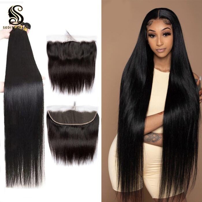 Seditty hair 28 30 Inch Brazilian Straight Human Hair Weave Bundles With Closure 13x4 cheap Frontal