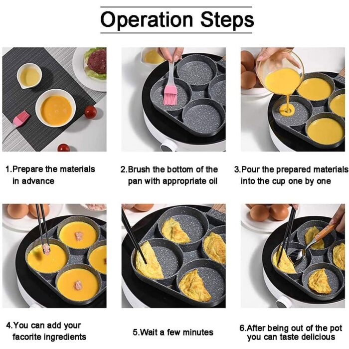 UPORS 4 Hole Frying Pan Non Stick Breakfast Burger Egg Pancake Maker Wooden Handle Medical Stone 1