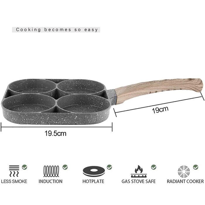 UPORS 4 Hole Frying Pan Non Stick Breakfast Burger Egg Pancake Maker Wooden Handle Medical Stone 2