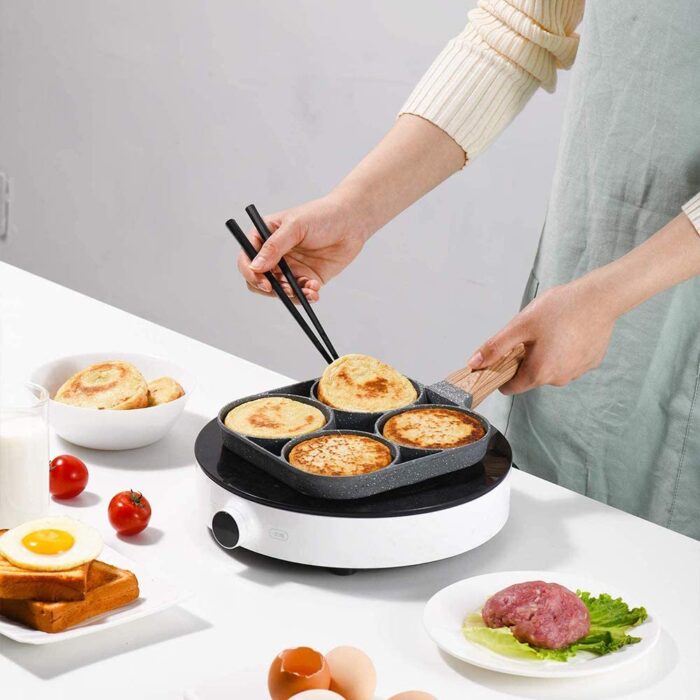 UPORS 4 Hole Frying Pan Non Stick Breakfast Burger Egg Pancake Maker Wooden Handle Medical Stone 5