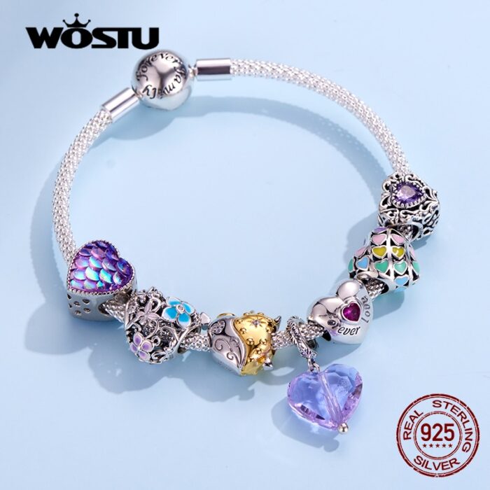 WOSTU 100 925 Sterling Silver Heart Vintage Charms Beads Fit Original DIY Bracelets Necklace Mother s 1