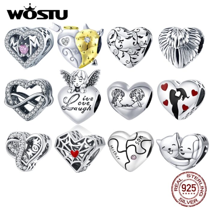 WOSTU 100 925 Sterling Silver Heart Vintage Charms Beads Fit Original DIY Bracelets Necklace Mother s 4